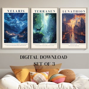 Sarah J Maas - Juego de 3 impresiones ACOTAR Velaris, Ciudad de la Luz Estelar, Ciudad Creciente, Trono de Cristal, Descarga digital instantánea, Kit de impresión artística Booknook