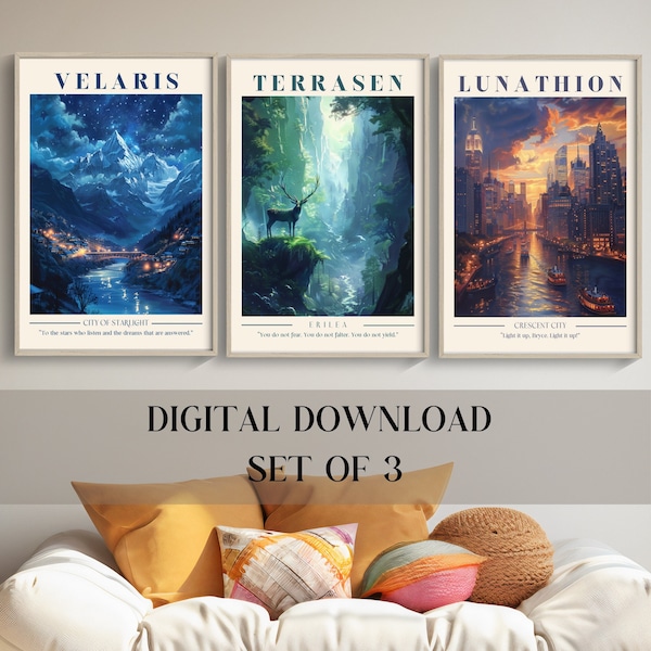 Sarah J Maas Set van 3 prints ACOTAR Velaris City of Starlight Crescent City glazen troon Instant Digitale Download Art Print Booknook Kit