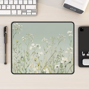 May include: A digital illustration of a field of white flowers with green stems and leaves on a light green background.