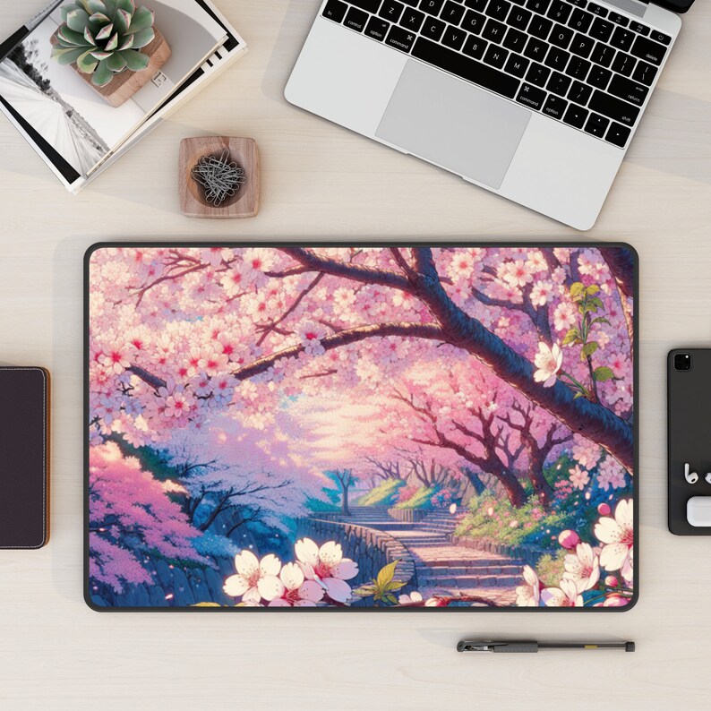 May include: A pink and white mousepad with a scenic image of a pathway lined with cherry blossom trees. The trees are in full bloom and the pathway leads up a hill.