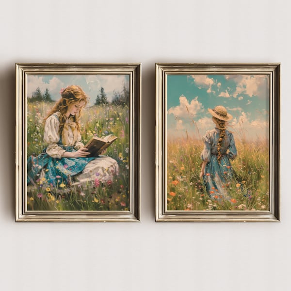 Meisje in de weide Art Print set van twee afdrukken vintage muur decor flirt decor olieverfschilderij afdrukbare digitale download boek liefhebbers cadeau