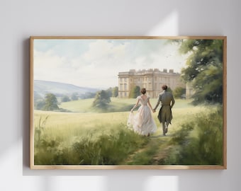 May include: A painting of a couple walking hand-in-hand on a path through a field. The couple is walking away from a large, white house in the distance. The field is green and lush, and the sky is blue and cloudy.