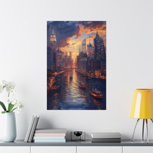 May include: A painting of a city skyline at sunset with a river in the foreground. The river is filled with boats and the city is lit up with lights. The sky is a mix of orange, pink, and purple.