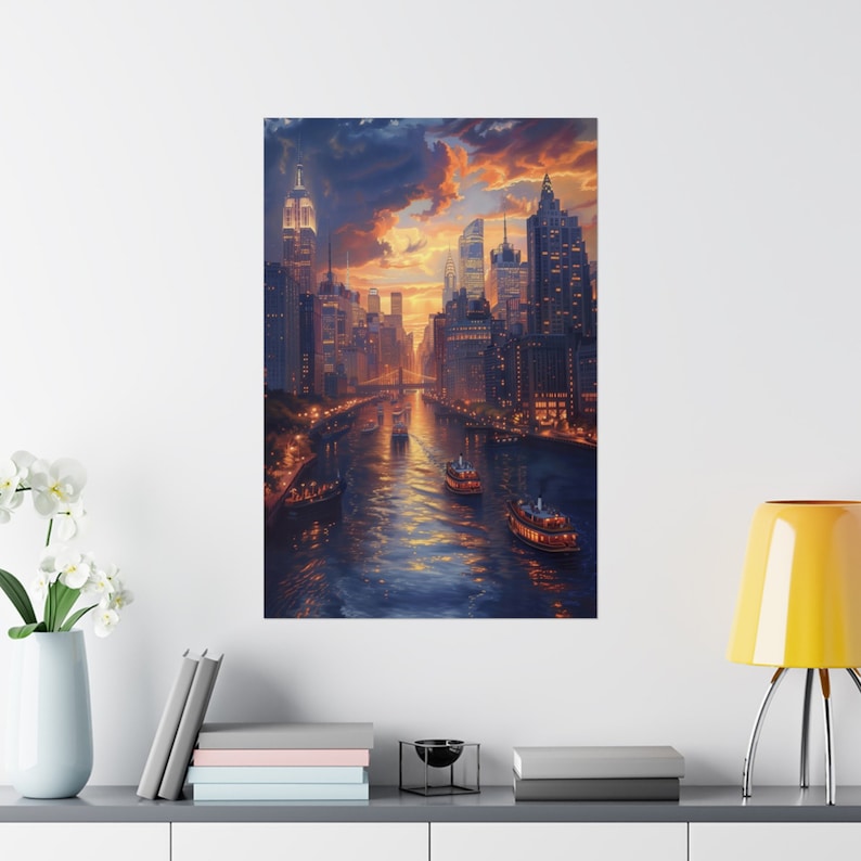 May include: A painting of a city skyline at sunset with a river in the foreground. The river is filled with boats and the city is lit up with lights. The sky is a mix of orange, pink, and purple.