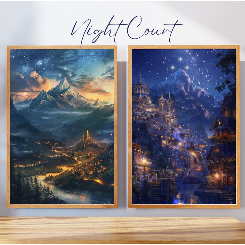 May include: Two framed paintings depicting a fantasy city nestled in a mountain valley under a starry night sky. The city is lit up with twinkling lights and a river flows through the valley. The paintings are titled "Night Court".