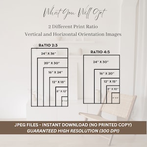 May include: A digital download of printable images in two different aspect ratios: 2:3 and 4:5. The image shows a chart with various sizes in inches for each ratio. The text "JPEG FILES - INSTANT DOWNLOAD (NO PRINTED COPY) GUARANTEED HIGH RESOLUTION (300 DPI)" is at the bottom of the image.