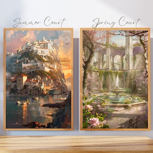 May include: Two framed paintings depicting contrasting scenes. The left painting shows a white city built on a cliff overlooking a calm blue body of water. The right painting shows a lush garden with a fountain and a stone archway. The text "Summer Court" is above the left painting and "Spring Court" is above the right painting.