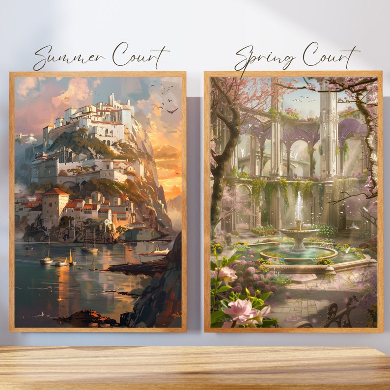 May include: Two framed paintings depicting contrasting scenes. The left painting shows a white city built on a cliff overlooking a calm blue body of water. The right painting shows a lush garden with a fountain and a stone archway. The text "Summer Court" is above the left painting and "Spring Court" is above the right painting.