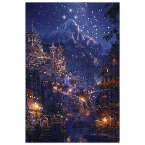 May include: A digital painting of a fantasy village nestled in a mountain valley under a starry night sky. The village is lit up with warm, glowing lights, and the snow-capped mountain peaks rise up in the background.