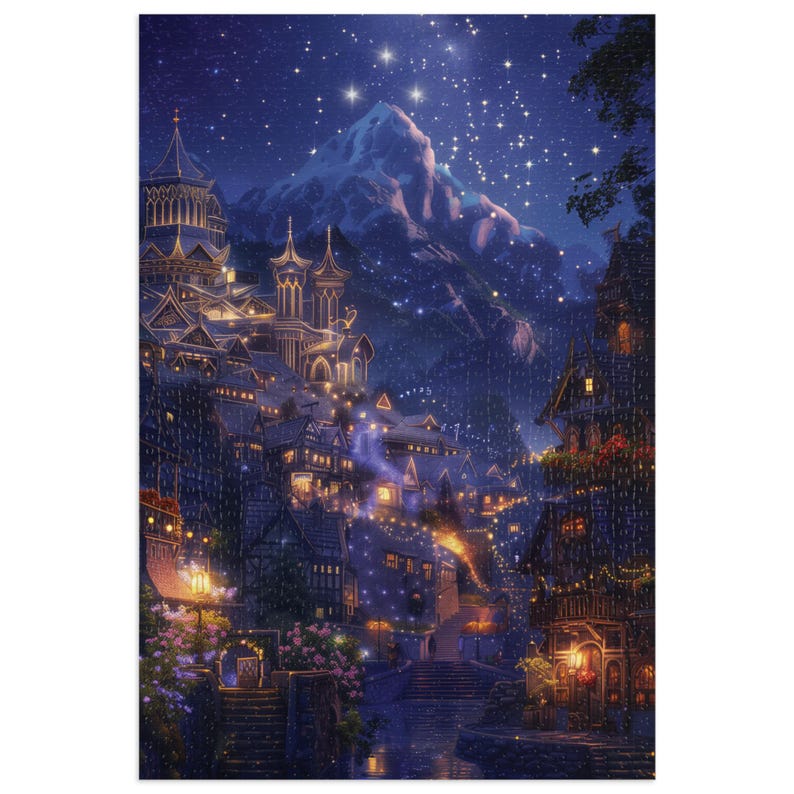 May include: A digital painting of a fantasy village nestled in a mountain valley under a starry night sky. The village is lit up with warm, glowing lights, and the snow-capped mountain peaks rise up in the background.