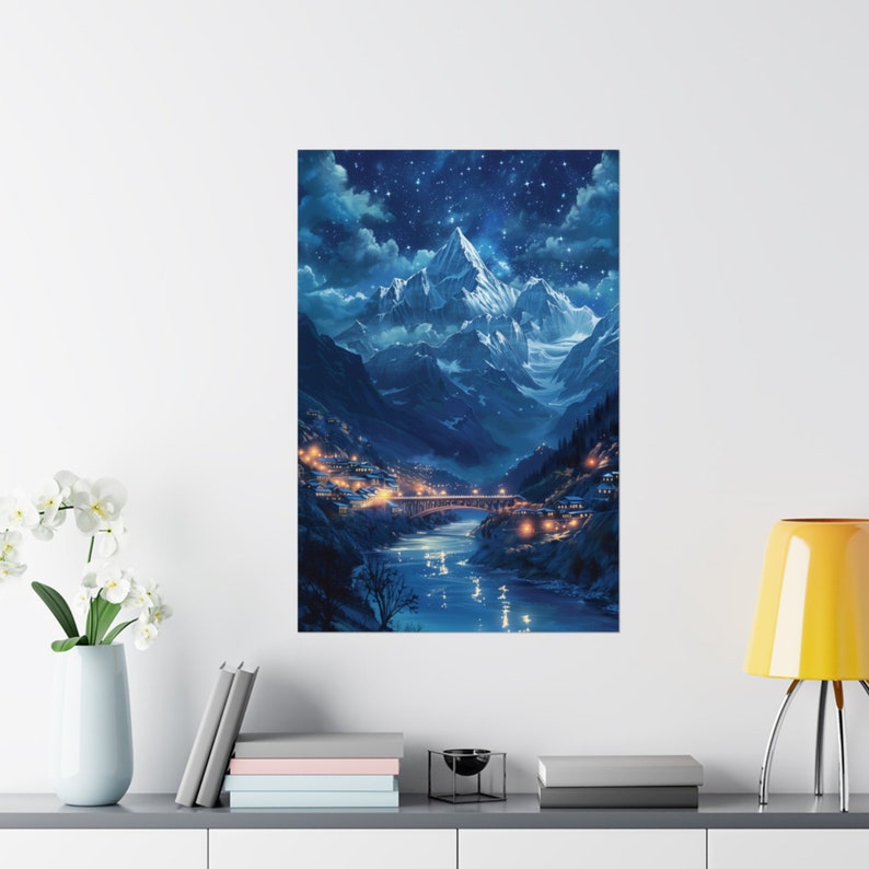 May include: A digital painting of a snowy mountain range under a starry night sky. A small village with lights is nestled in the valley below, with a bridge crossing a river.