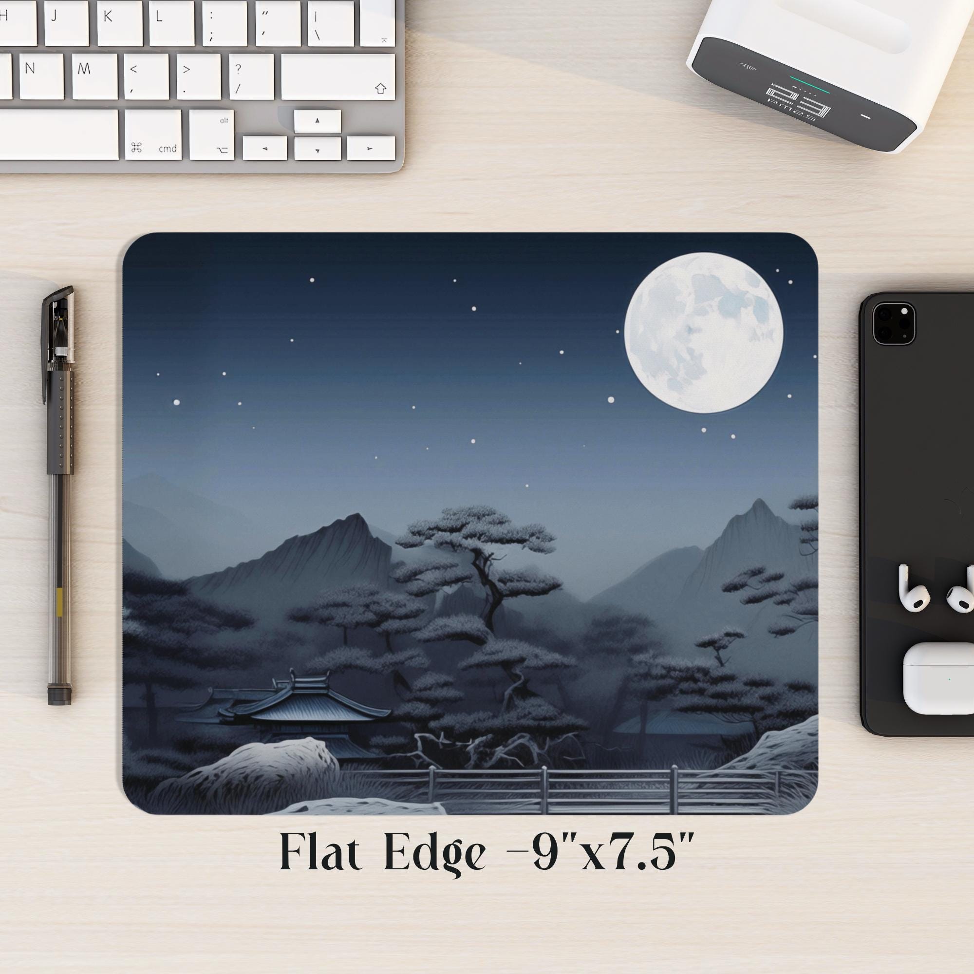 Moonlit Mountain Landscape Mousepad Japanese Desk Decor Blue Mouse