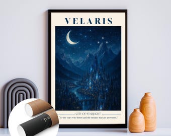 Op de afbeelding: Een ingelijste kunstdruk met het woord "VELARIS" bovenaan. De afbeelding toont een nachtstad met een kasteel, bergen, een rivier en een halve maan. De tekst "CITY OF STARLIGHT" en een citaat staan eronder.