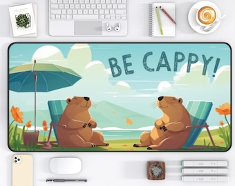 Mata na biurko Capibara Beach, letnia podkładka pod mysz, Kawaii Capybara Deskmat, podkładka na biurko Funny Animal, śliczna mata prezentowa Kapibara, kolorowa podkładka na biurko
