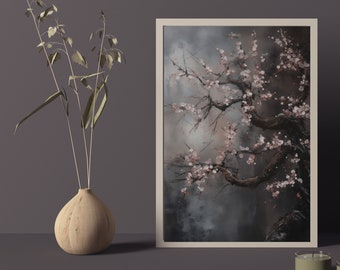 May include: A framed painting of a delicate, blossoming tree with pink flowers against a dark, misty background. The tree branches are intricate and reach towards the sky, creating a sense of ethereal beauty.