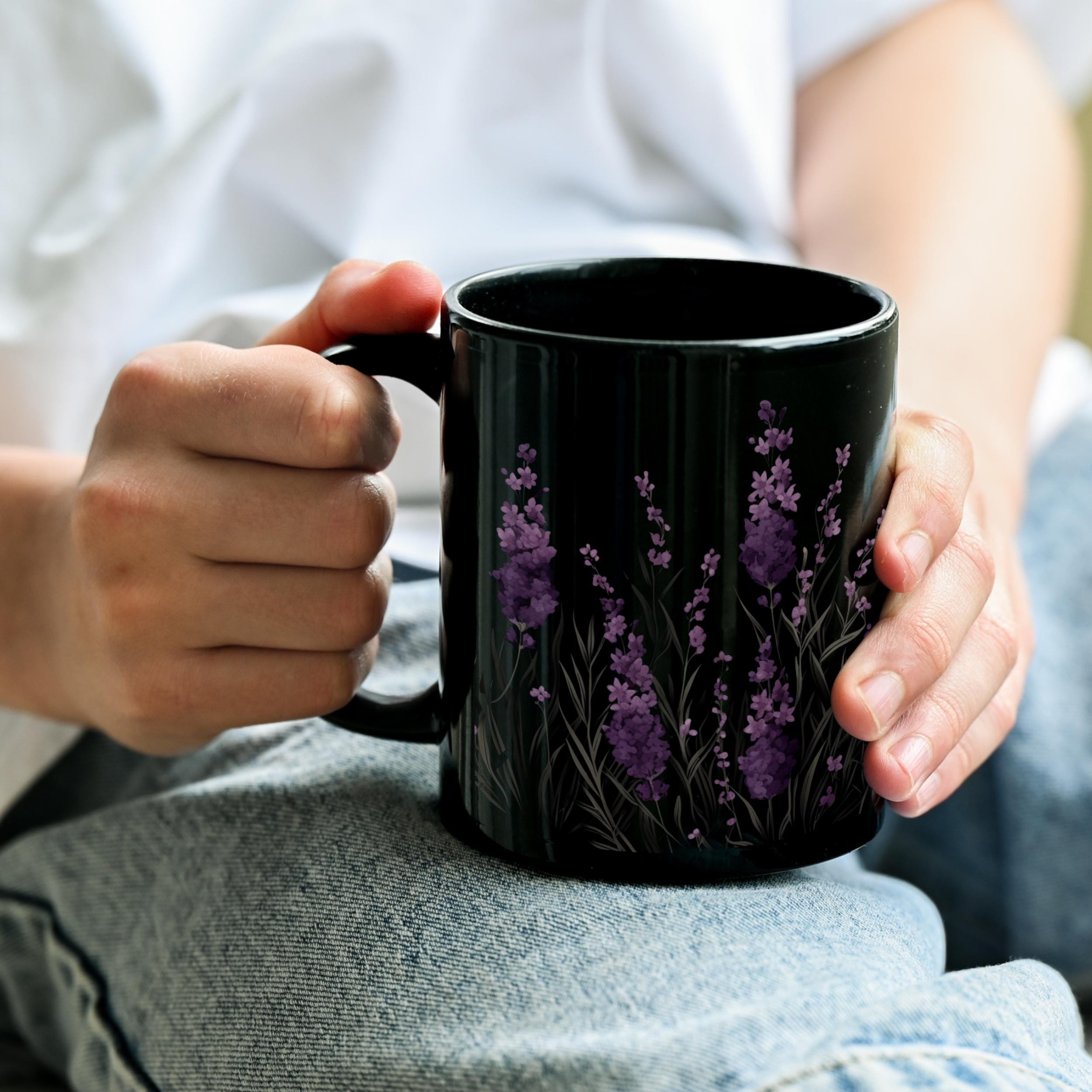 Lavender Floral Mug, Dark Botanical Coffee Cup, Minimalist Flower
