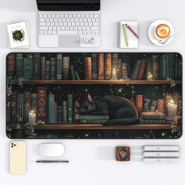 Whimsical Cat and Books Desk Mat Fantasy Desk Decor Cozy Bookshelf Mouse Pad Cottagecore Dark Academia Witchy Aesthetic Desk Decor  Magical