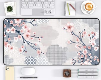 Cherry Blossom Desk Mat, Floral Office Desk Decor, Sakura Mouse Pad, Kawaii XXL Mousepad, Spring Decor, Pastel, Japanese Desk Accessory