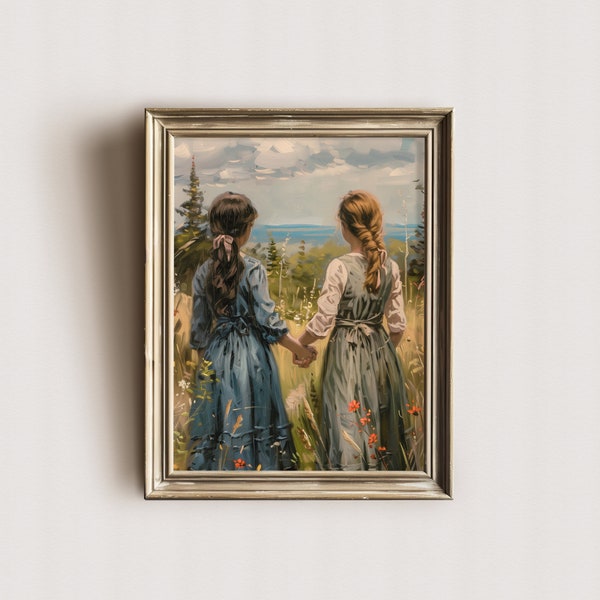 Two Girls in a Meadow Wall Art Print, Anne en Diana, geestverwanten, Cottagecore Art vintage olieverfschilderij digitale download boek hoekje Kit