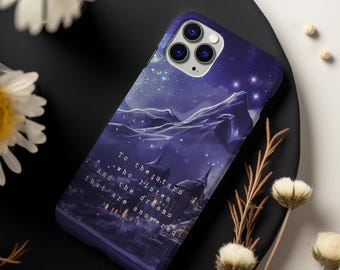 May include: A purple and blue phone case with a starry night sky and a quote that reads "To the stars who listen and the dreams that are answered".