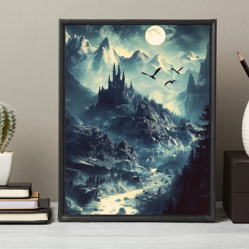 May include: A dark, fantasy landscape with a castle on a mountaintop, a full moon in the sky, and two black silhouettes of dragons flying overhead.