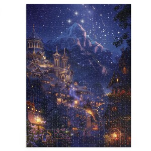 May include: A whimsical illustration of a small town nestled in a mountain valley under a starry night sky. The town is lit up with warm, glowing lights, and the snow-capped mountain peaks are visible in the distance.