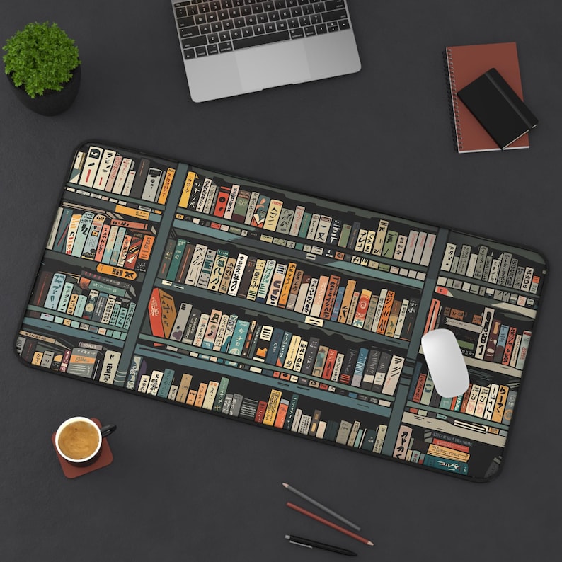 Manga Desk Mat Anime Deskmat Library mouse pad book lovers gift bookish merch Book Gaming Mat for Her Gift for Him Book Nook Kit Kawaii Pad 16" × 32"