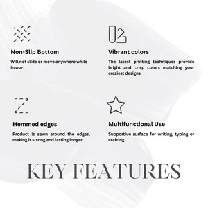 May include: Key features of a desk pad, including a non-slip bottom, vibrant colors, hemmed edges, and a multifunctional use for writing, typing, or crafting.