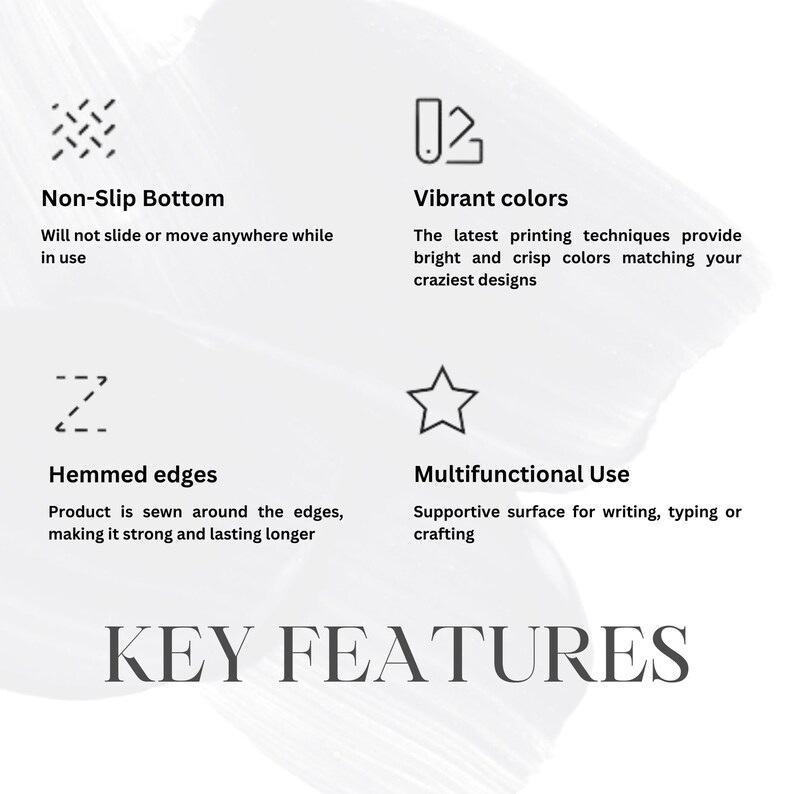 May include: Key features of a desk pad, including a non-slip bottom, vibrant colors, hemmed edges, and a multifunctional use for writing, typing, or crafting.