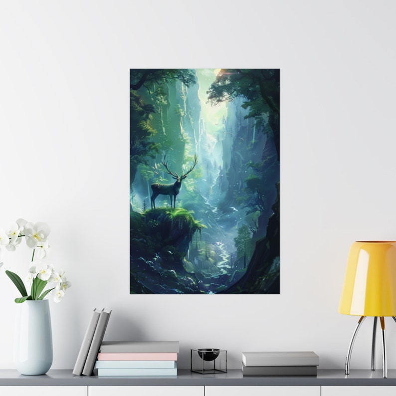 May include: A digital painting of a deer standing on a cliff overlooking a lush green valley with a waterfall in the background.