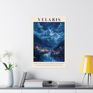 May include: A digital illustration of a city called Velaris, a city of starlight. The city is nestled in a valley surrounded by snow-capped mountains. The sky is filled with stars and a crescent moon. The text "To the stars who listen and the dreams that are answered." is below the image.