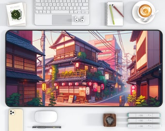 Tappetino da scrivania Lofi Giappone, tappetino per mouse con strada giapponese, tappetino da scrivania con città anime, tappetino da scrivania con città notturna, tappetino estetico Kawaii, decorazione per postazione gaming Lofi