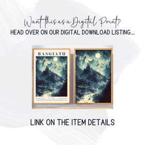 May include: Two framed prints of a fantasy landscape with a castle, mountains, and a full moon. The text "BASGIATH" and "KAVARRE" are visible on the prints.