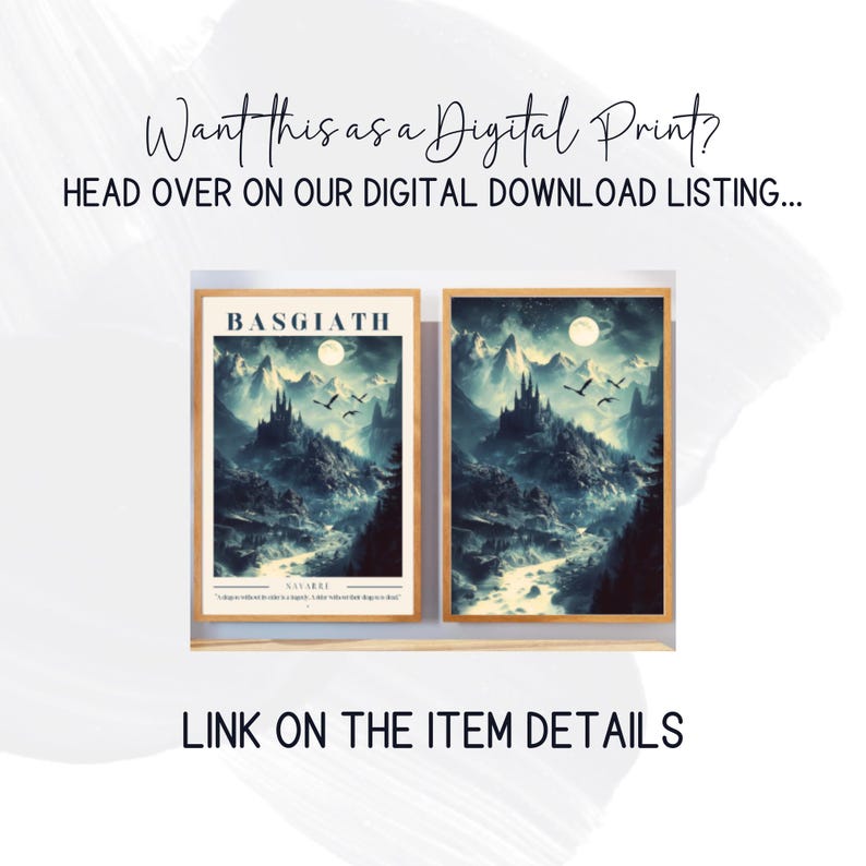 May include: Two framed prints of a fantasy landscape with a castle, mountains, and a full moon. The text "BASGIATH" and "KAVARRE" are visible on the prints.