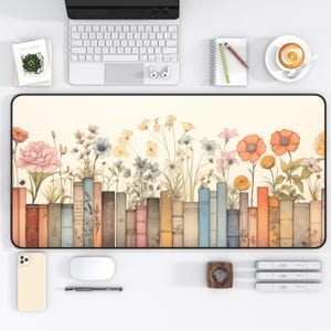 Alfombrilla de escritorio vintage con diseño de libros, alfombrilla de ratón con diseño floral, decoración rústica, estampado cottagecore, alfombrilla para juegos, regalo para amantes de los libros, regalo Book Nook