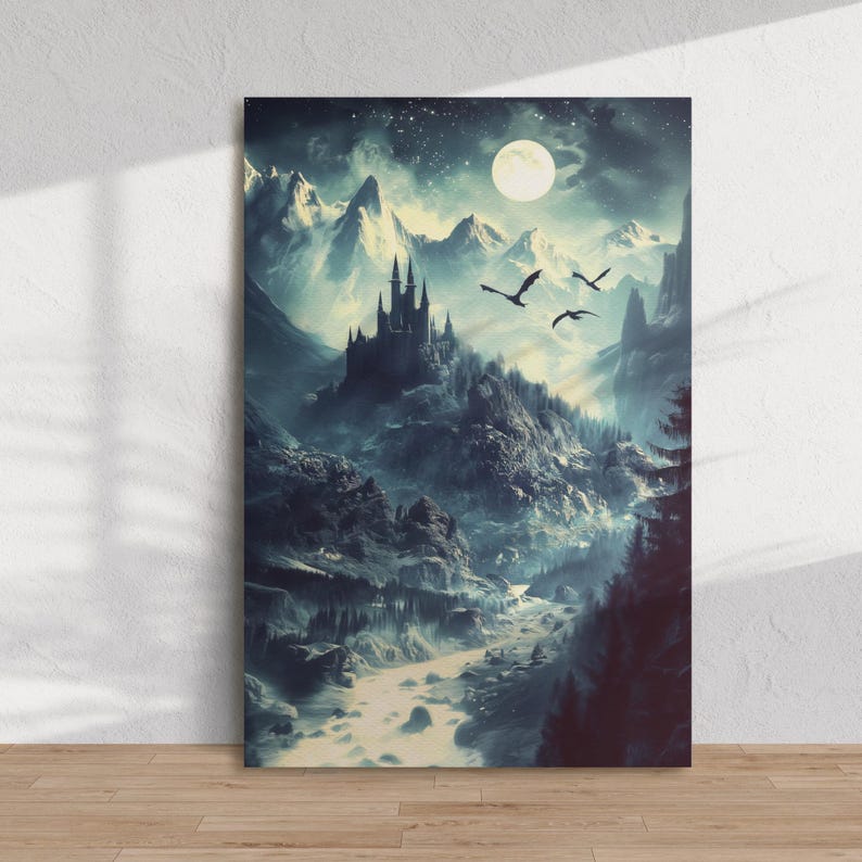 May include: A dark, mysterious castle sits atop a mountain range, with a full moon shining in the night sky. Two black dragons fly overhead, adding to the magical atmosphere.