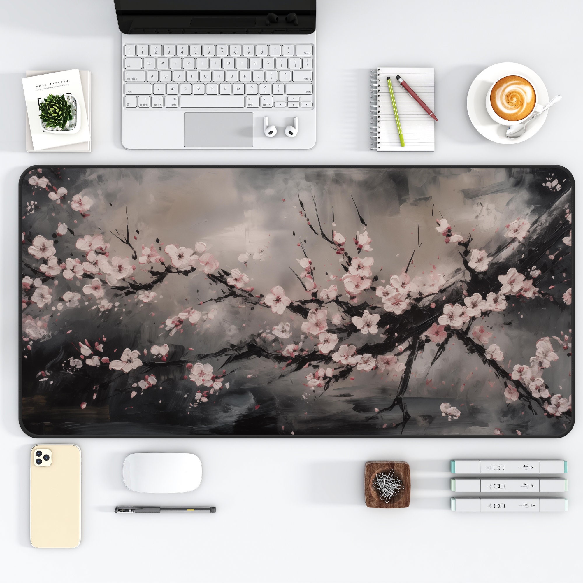 Floral Desk Mat Cherry Blossoms Deskmat Vintage Mouse Pad Moody Botanical Art Large Mousepad Moody Art Decor Cottagecore Mat Japandi Decor
