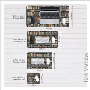 May include: Four different sizes of desk mats featuring a bookshelf design with books, a laptop, a keyboard, and a mouse. The mats are available in 81.28 cm by 40.64 cm, 55.86 cm by 30.47 cm, 45.70 cm by 30.47 cm, and 24 cm by 20 cm.