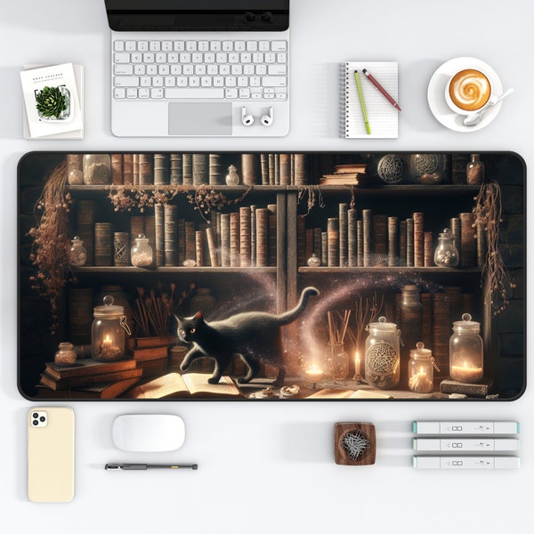 Fantasy Desk Mat Cat Mouse Pad Witchy Aesthetic Gaming Pad Bookish Merch Vintage Decor Moody Art for Book Room Booknook Kit Librarian Gift