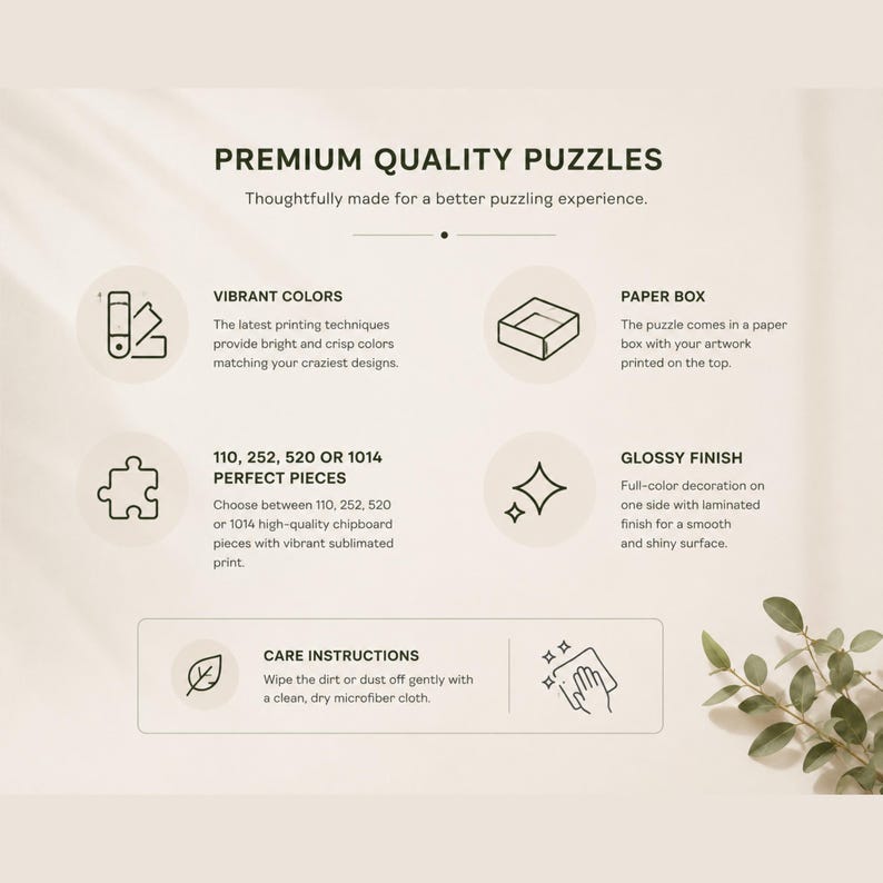 May include: An informational graphic titled PREMIUM QUALITY PUZZLES detailing product features including vibrant colors, a paper box, piece counts of 110, 252, 520, or 1014, a glossy finish, and care instructions to wipe with a dry microfiber cloth.