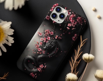 Dragon Phone Case Dark Floral Phone Cover, Fantasy Lover Gift, MagSafe iphone 17 phone case Japanese Dragon Samsung Case Chic Gift for Her