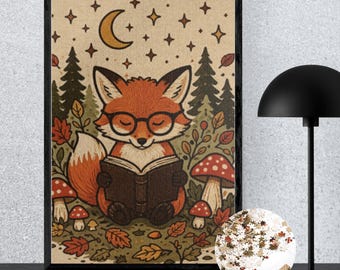 Cute Fox Jigsaw Puzzle, Cozy Cottagecore Puzzle, Book Lover Gift, Fall Woodland Animal Puzzle, Gift for teens