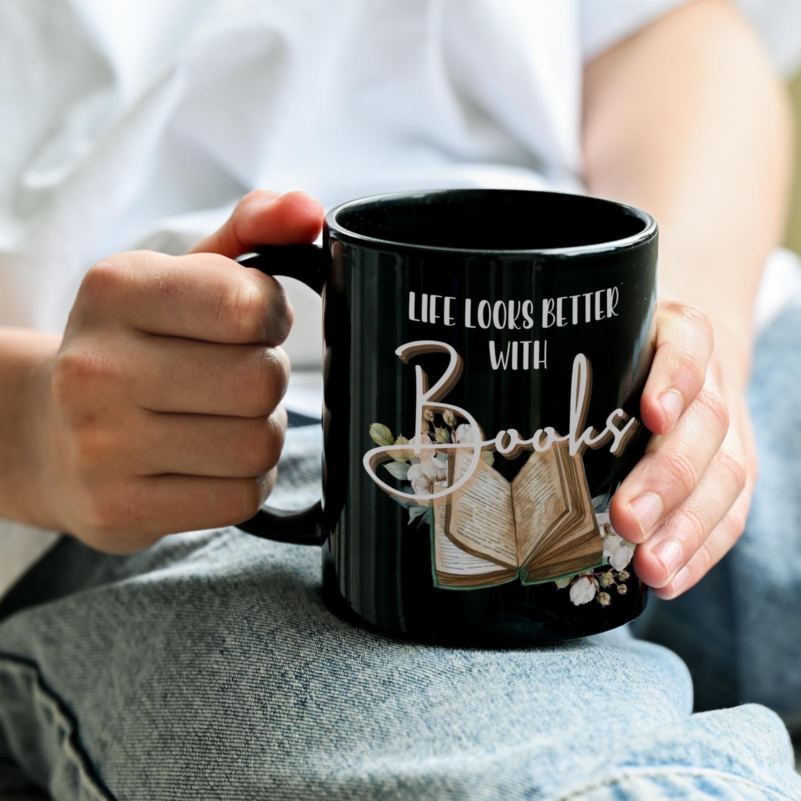 Bookish Black Ceramic Mug, Books Coffee Mug, Reader Gift for Bookworms. Dark Academia