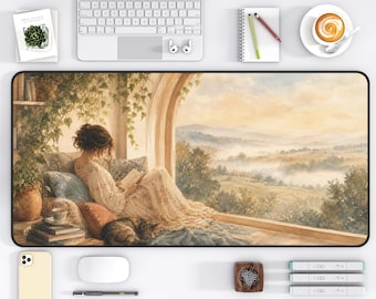 Cottagecore Desk Mat, Cozy Reading Nook Mouse Pad, Book Lover Desk Pad, Large Gaming Mat, Aesthetic Vintage Bookish Office Decor Gift