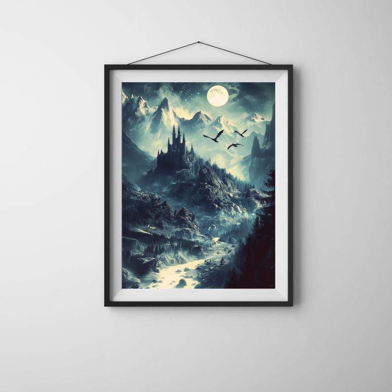 May include: A dark, moody illustration of a castle nestled in a mountain range with a full moon in the sky. Three black birds fly over the castle and mountains.