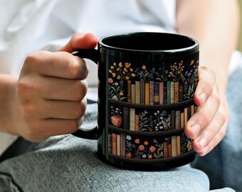 Floral Bookshelf Mug, Dark Academia Coffee Mug, Vintage Books Mug, Librarian Gift for Book Lovers, Ceramic Black Mug, Gift for Readers