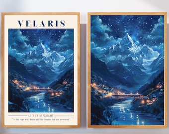 Op de afbeelding: Een digitale illustratie van een bergketen met een dorpje in de vallei. De lucht is donkerblauw met witte wolken en sterren. De tekst "VELARIS CITY OF STARLIGHT" en "To the stars who listen and the dreams that are answered." staat onderaan de afbeelding.