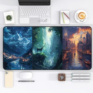 May include: A three-panel mousepad featuring a scenic landscape with a mountain range, a forest with a deer, and a cityscape at night. The mousepad is made of a durable, non-slip material and is perfect for gamers and office workers alike.