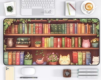 Cozy Cat Bookshelf Desk Mat, Perfect for Book Lovers, Gifts for Cat Lovers, Cute Bookish Mouse Pad, Kawaii Desk Decor, Whimsical Gift