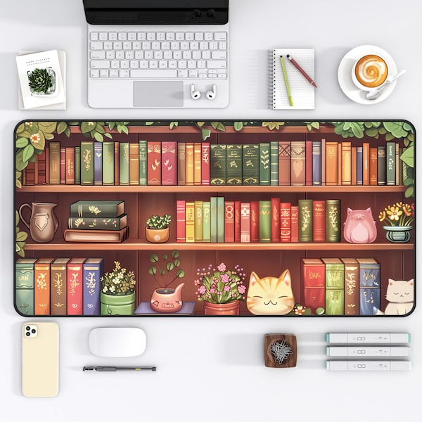 Cozy Cat Bookshelf Desk Mat, Perfect for Book Lovers, Gifts for Cat Lovers, Cute Bookish Mouse Pad, Kawaii Desk Decor, Whimsical Gift